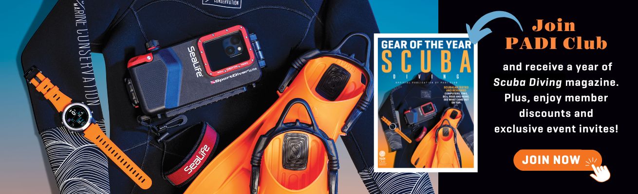 image of dive gear and the cover of scuba diving magazine with incentive to join PADI Club